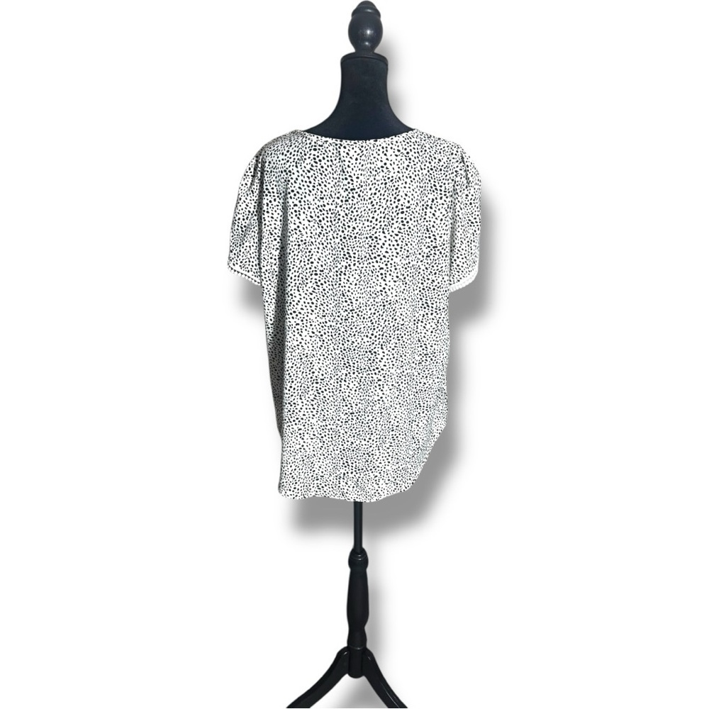 Fashion Women Large Black & White Speckle Print Short Sleeve White Trim Blouse - Picture 5 of 16